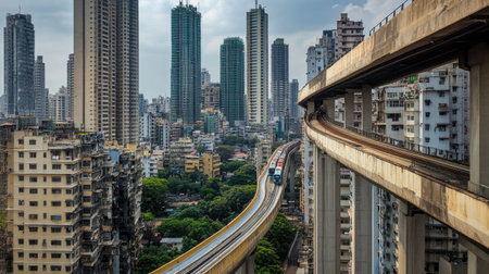 A view of the skyscrapers in Lower Parel, with the monorail track weaving through the buildings.の素材