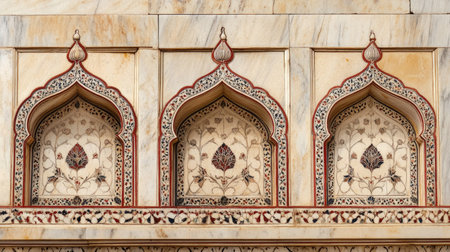 The intricate marble inlay work on the walls of the Taj Mahal, showcasing Mughal artistry and craftsmanship.の素材