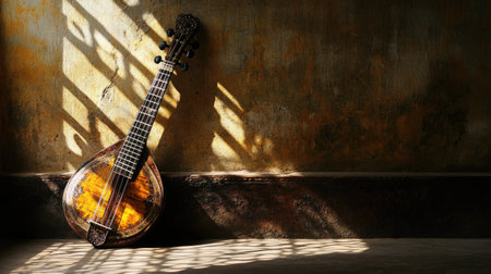 A traditional Indian sitar resting against a wall, with its strings and wooden body catching the light.の素材