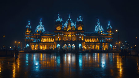 Chhatrapati Shivaji Maharaj Terminus (CST) illuminated at night, showcasing its Gothic architecture.の素材