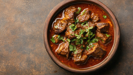 Spicy Mutton Curry with herbs, served in a traditional bowl. Top view with copy space.の素材