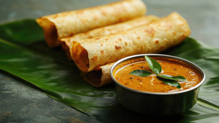 Dosa served with sambar and coconut chutney on a banana leaf. Copy space available.の素材