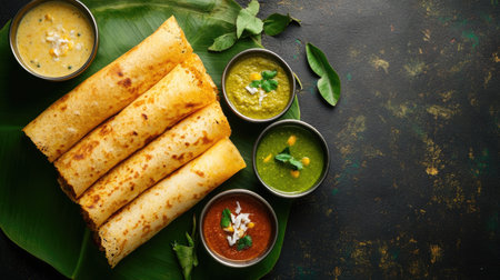 Ghee roast dosa served with sambar and coconut chutney on a banana leaf. Top view with copy space.の素材