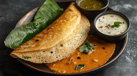 Neer dosa served with a side of coconut chutney and sambar. Copy space available.の素材