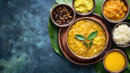 Pongal with ghee, sambar, and chutney, a classic South Indian dish. Top view with copy space.の素材