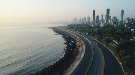 Aerial view of Mumbai iconic Marine Drive curving along the Arabian Sea, with the skyline in the background.の素材