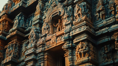 Close-up of the detailed relief work on the exterior walls of a South Indian temple.の素材