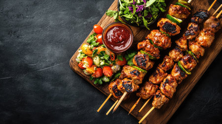 Assorted Kebabs with chutney and salad on a wooden board. Top view with copy space.の素材