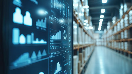 Digital dashboard for inventory management on a screen with blurred warehouse in the background, ample copy space.の素材