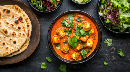 Paneer Butter Masala Curry with naan and a side of salad. Top view with copy space.の素材