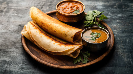 Neer dosa served with a side of coconut chutney and sambar. Copy space available.の素材