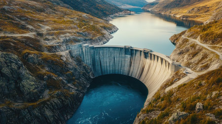 A hydroelectric dam in a mountain range with space for a sustainability message.の素材