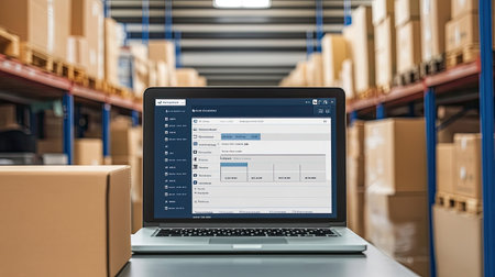 Electronic inventory management software on a laptop screen, surrounded by boxes, clear copy space, no people.の素材