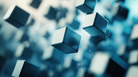 Dynamic abstract 3D cubes in motion on a sleek digital background, with clear copy space for text.の素材