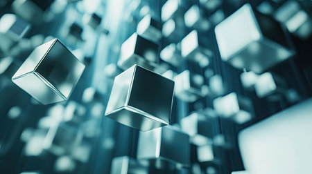 Dynamic abstract 3D cubes in motion on a sleek digital background, with clear copy space for text.の素材