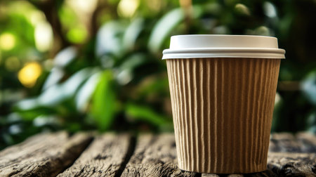 A compostable coffee cup placed on a wooden table with space for eco-themed copy.の素材