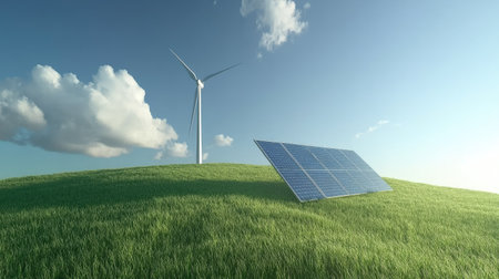 A wind turbine and solar panel in a grassy field, space for an environmentally friendly messageの素材