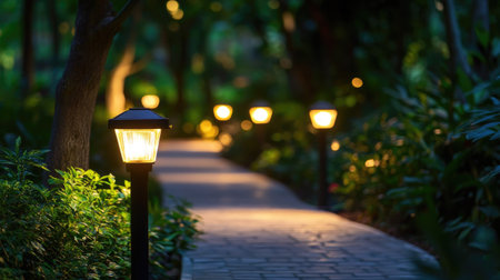 A pathway lined with solar-powered lights, with space for copy.の素材