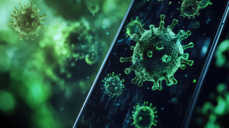 Germs on a smartphone screen with visible copy spaceの素材