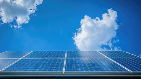 Solar panels mounted on the roof of an eco-friendly house, space for text in the sky.の素材
