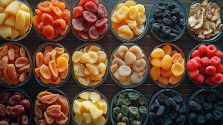 A neat arrangement of dried fruits in sections, top view with surrounding copy space.の素材