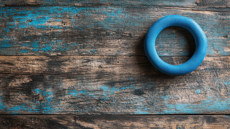 Pilates ring placed on a wooden surface, with space for text promoting Pilates and body sculpting.の素材