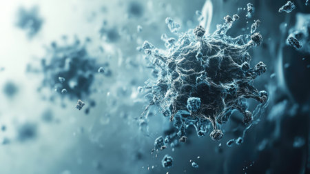 3D virus particles in motion on a neutral surface, copy space on the side.の素材