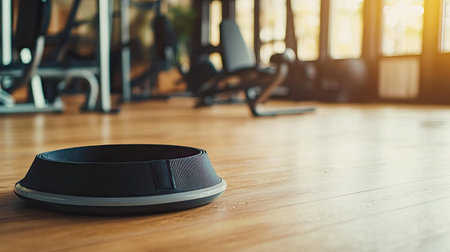 Waist reducer on a clean gym floor, with space for text about toning and weight reduction.の素材