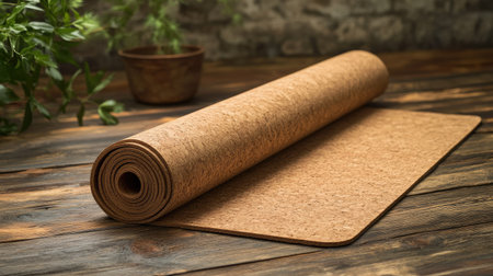 A sustainable cork yoga mat rolled up on a wooden floor, with space for eco-conscious messaging.の素材
