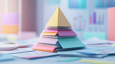 3D pyramid of business expenses arranged by layers, with open copy space.の素材