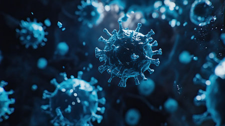 Close-up of microscopic virus cells in blue, floating in space, copy space available.の素材