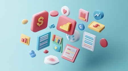 Floating 3D icons showing cost categories in business, with plenty of space for text.の素材
