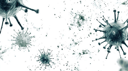 Close-up of virus cells floating in the air on a white background, with room for copy.の素材