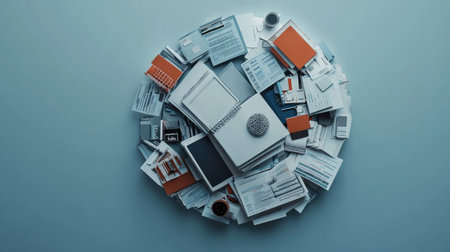 Circular 3D model of business expenses in layers, top view, with space for copy.の素材