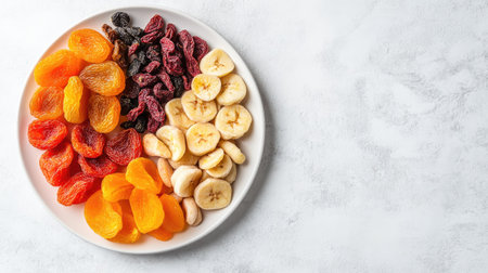 Dried fruits and seeds on a white plate, surrounded by copy space, top view.の素材
