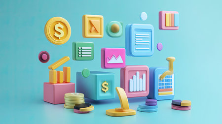Floating 3D cost structure icons for business, arranged neatly, with room for text.の素材