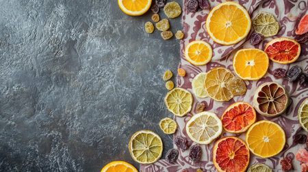 Flat lay of assorted dried fruit slices on a patterned cloth, top view, with space for copy.の素材