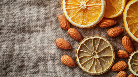Dried citrus slices and almonds arranged on a natural linen cloth, top view, copy spaceの素材