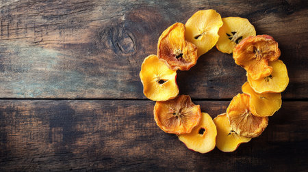 Dried apple and mango slices in a circle on a wooden background, top view, copy space.の素材