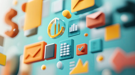 Floating 3D icons representing cost elements of a business, with ample copy space.の素材