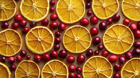 Dried orange slices and cranberries arranged in rows, top view with open copy spaceの素材