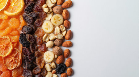Dried fruit and nuts placed in geometric patterns, top view with clear copy space.の素材