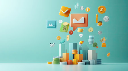 Floating 3D icons representing cost elements of a business, with ample copy space.の素材