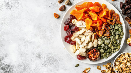 Dried fruits and seeds on a white plate, surrounded by copy space, top view.の素材