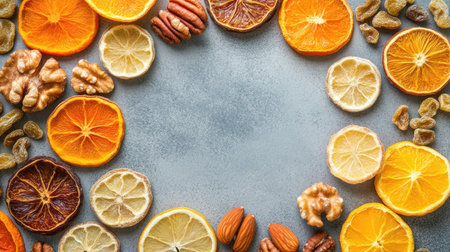 Dried fruit slices and nuts arranged in a circle on a pastel surface, top view, copy space.の素材