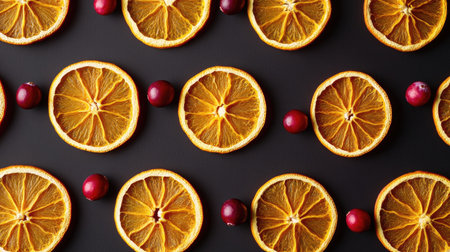 Dried orange slices and cranberries arranged in rows, top view with open copy spaceの素材
