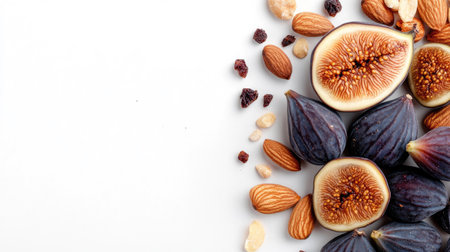Dried figs and almonds on a white background, top view with available copy space.の素材