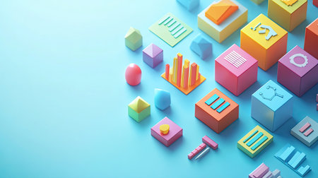 Floating 3D icons and cubes representing a business cost breakdown, top view, copy space.の素材