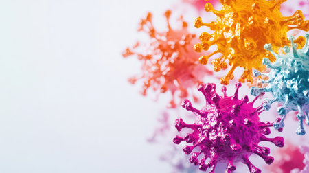 Virus model in vibrant colors on a white surface, space for text included.の素材