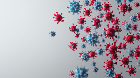 Red and blue virus particles floating on a grey background, with ample copy space.の素材